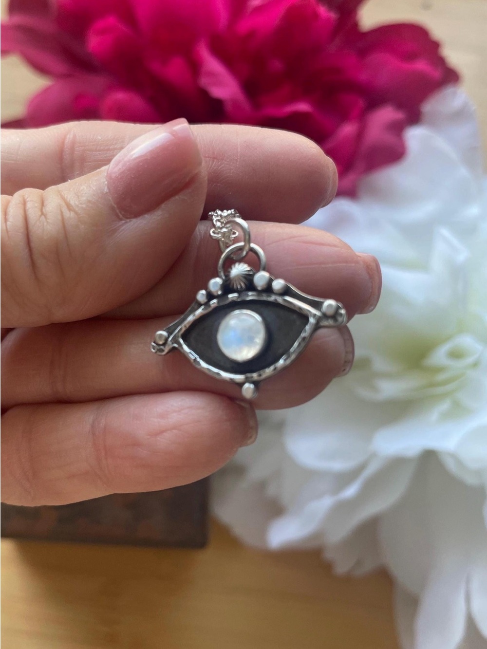 Evil Eye Rainbow Moonstone Protection Pendant Necklace ~20ā - Picture 6 of 7